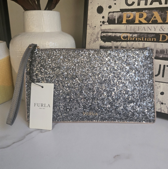 Furla Silver Rose Gold Glitter Wristlet Clutch Bag With Tags And Dustbag - Picture 10 of 12
